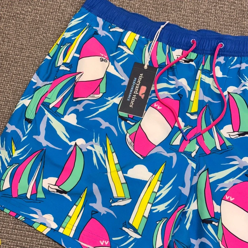 Vineyard Vines Mens Sailboat Print Performance Swim Trunks Blue Pink Large 7in